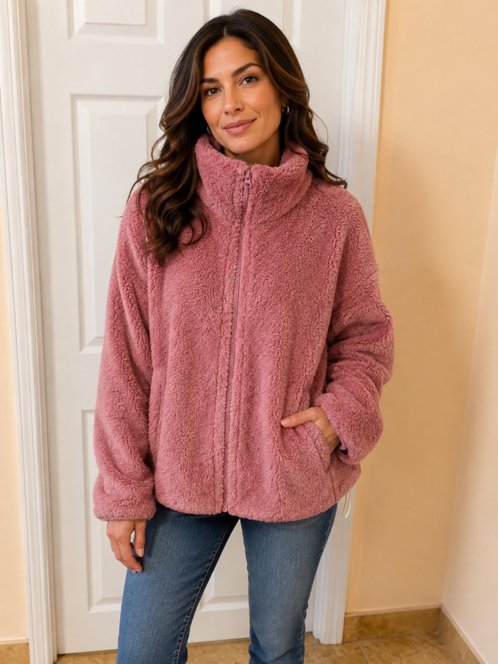 Old Navy Plush Zip-Up Jacket in Rose